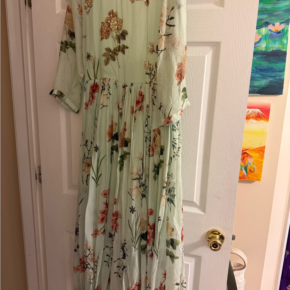 Red and Pink Pleated Sundress with Bishop Sleeves for Wedding Guest